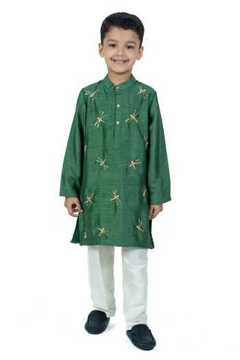 Label Kiaa_Green Linen Embroidered Kurta Set _at_Aza_Fashions