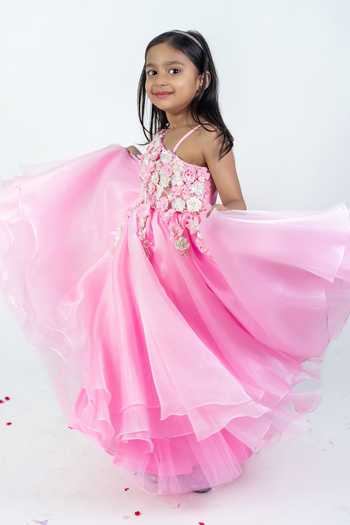 Label Kiaa Pink Organza Garden Embroidered Dress Online at Aza Fashions Label Kiaa_Pink Organza Garden Embroidered Dress _Online_at_Aza_Fashions
