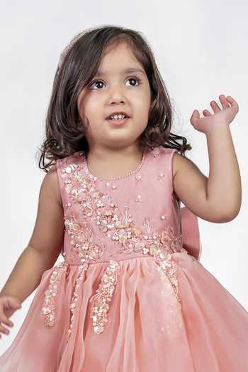 Label Kiaa Peach Organza 3d Sequin Floral Embroidered Dress Online at Aza Fashions Label Kiaa_Peach Organza 3d Sequin Floral Embroidered Dress _Online_at_Aza_Fashions