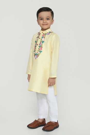 Label Kiaa_Yellow Silk, Cotton Embroidered Kurta Set _Online_at_Aza_Fashions