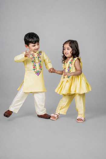 Shop_Label Kiaa_Yellow Silk, Cotton Embroidered Kurta Set _Online_at_Aza_Fashions