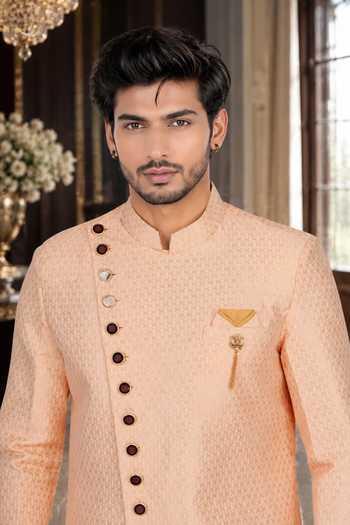 Jhambthreads Peach Brocade, Cotton Self Design Sherwani And Pant Set Online at Aza Fashions Jhambthreads_Peach Brocade, Cotton Self Design Sherwani And Pant Set _Online_at_Aza_Fashions