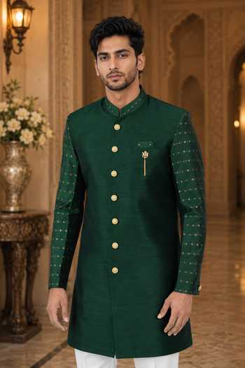 Jhambthreads Green Silk, Cotton Sherwani And Pant Set Online at Aza Fashions Jhambthreads_Green Silk, Cotton Sherwani And Pant Set _Online_at_Aza_Fashions
