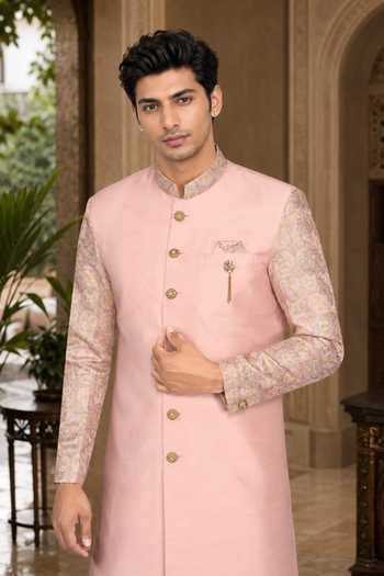 Jhambthreads_Pink Silk, Cotton Sherwani And Polo Pant Set _Online_at_Aza_Fashions