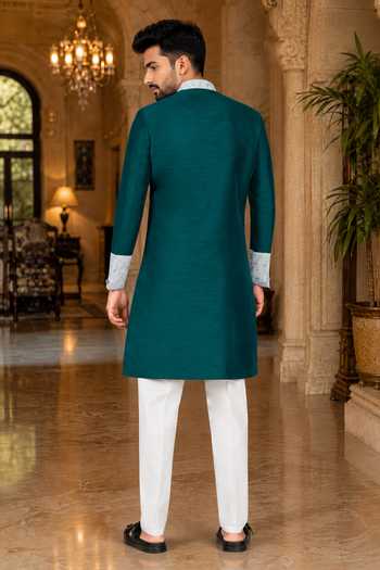 Jhambthreads Silk Contrast Collar Sherwani & Pant Set 