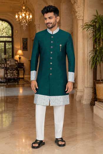 Jhambthreads Silk Contrast Collar Sherwani & Pant Set 