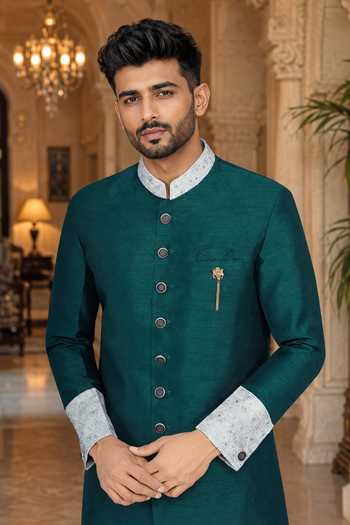 Jhambthreads Green Silk, Cotton Contrast Collar Sherwani And Pant Set Online at Aza Fashions Jhambthreads_Green Silk, Cotton Contrast Collar Sherwani And Pant Set _Online_at_Aza_Fashions