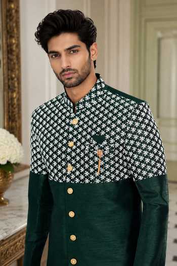 Buy Jhambthreads Green Silk, Cotton Sherwani And Polo Pant Set Online at Aza Fashions Buy_Jhambthreads_Green Silk, Cotton Sherwani And Polo Pant Set _Online_at_Aza_Fashions