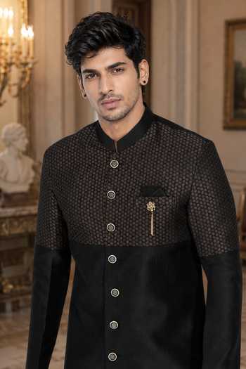 Buy Jhambthreads Black Silk, Cotton Sherwani And White Pant Set Online at Aza Fashions Buy_Jhambthreads_Black Silk, Cotton Sherwani And White Pant Set _Online_at_Aza_Fashions