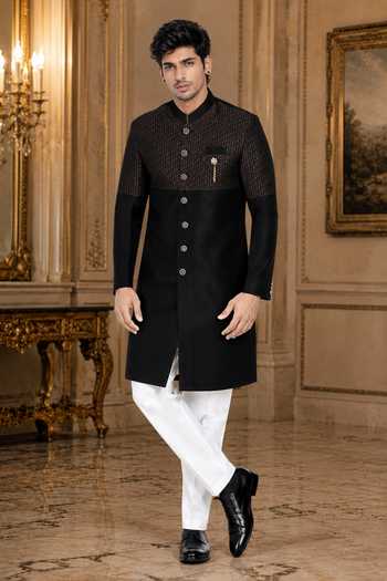 Jhambthreads Black Sherwani & White Pant Set 