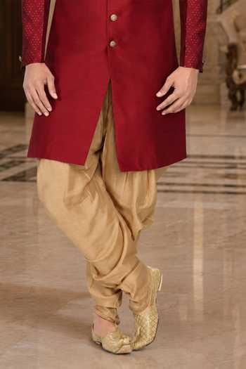 Jhambthreads_Red Silk, Cotton Sherwani And Peshawari Pant Set _Online_at_Aza_Fashions