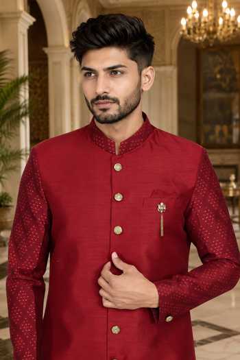 Buy_Jhambthreads_Red Silk, Cotton Sherwani And Peshawari Pant Set _Online_at_Aza_Fashions