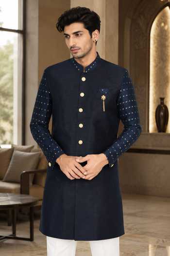 Jhambthreads Blue Silk, Cotton Patterned Sleeve Sherwani And Pant Set Online at Aza Fashions Jhambthreads_Blue Silk, Cotton Patterned Sleeve Sherwani And Pant Set _Online_at_Aza_Fashions