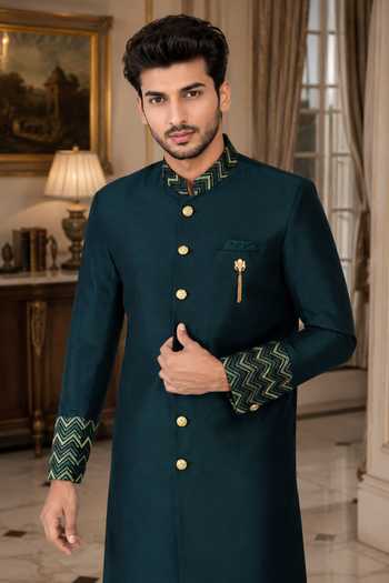 Jhambthreads Green Silk, Cotton Chevron Pattern Sherwani And Pant Set Online at Aza Fashions Jhambthreads_Green Silk, Cotton Chevron Pattern Sherwani And Pant Set _Online_at_Aza_Fashions