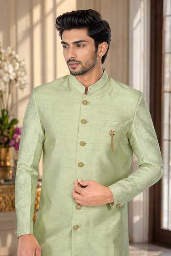 Buy Jhambthreads Green Silk, Cotton Sherwani And Polo Pant Set Online at Aza Fashions Buy_Jhambthreads_Green Silk, Cotton Sherwani And Polo Pant Set _Online_at_Aza_Fashions