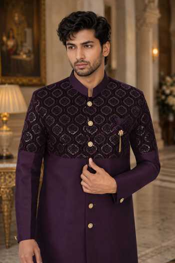 Jhambthreads Wine Silk, Cotton Embroidered Sherwani And Polo Pant Set Online at Aza Fashions Jhambthreads_Wine Silk, Cotton Embroidered Sherwani And Polo Pant Set _Online_at_Aza_Fashions