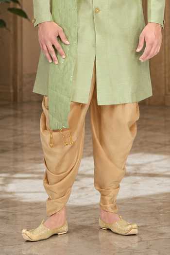 Jhambthreads_Gold Cotton, Silk Draped Sherwani And Peshawari Pant Set _Online_at_Aza_Fashions