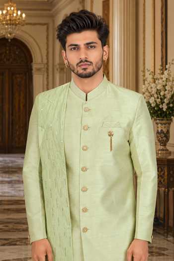 Buy_Jhambthreads_Gold Cotton, Silk Draped Sherwani And Peshawari Pant Set _Online_at_Aza_Fashions