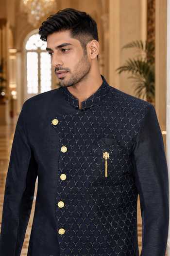 Buy Jhambthreads Blue Silk, Cotton Embroidered Sherwani And Peshawari Pant Set Online at Aza Fashions Buy_Jhambthreads_Blue Silk, Cotton Embroidered Sherwani And Peshawari Pant Set _Online_at_Aza_Fashions