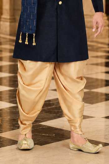Jhambthreads Blue Silk, Cotton Sherwani And Peshawari Pant Set Online at Aza Fashions Jhambthreads_Blue Silk, Cotton Sherwani And Peshawari Pant Set _Online_at_Aza_Fashions