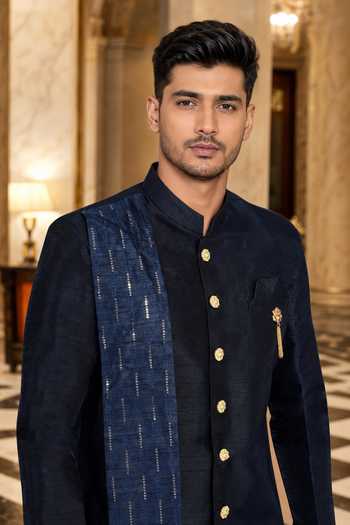 Buy Jhambthreads Blue Silk, Cotton Sherwani And Peshawari Pant Set Online at Aza Fashions Buy_Jhambthreads_Blue Silk, Cotton Sherwani And Peshawari Pant Set _Online_at_Aza_Fashions