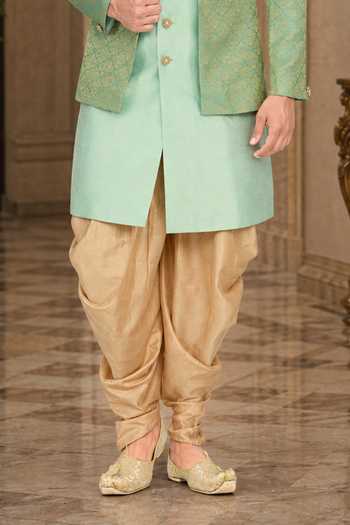 Jhambthreads_Green Silk, Jacquard, Cotton Attached Sherwani Jacket Set _Online_at_Aza_Fashions