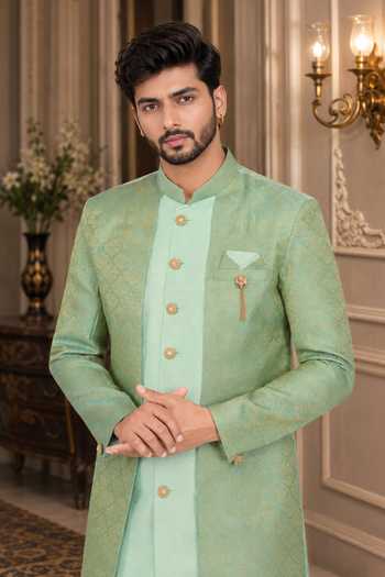 Buy_Jhambthreads_Green Silk, Jacquard, Cotton Attached Sherwani Jacket Set _Online_at_Aza_Fashions