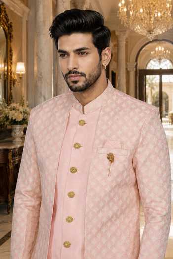 Buy_Jhambthreads_Pink Silk, Jacquard, Cotton Panelled Sherwani Jacket And Pant Set _Online_at_Aza_Fashions