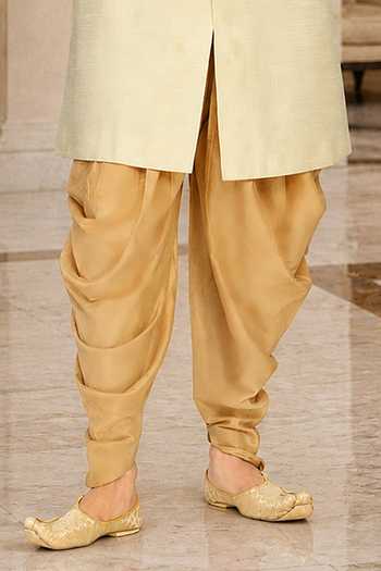 Jhambthreads_Cream Silk, Cotton Embroidered Sleeve Sherwani Set _Online_at_Aza_Fashions