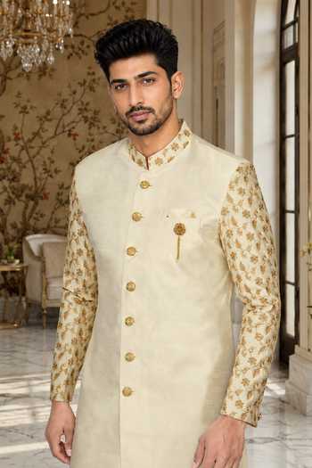 Buy_Jhambthreads_Cream Silk, Cotton Embroidered Sleeve Sherwani Set _Online_at_Aza_Fashions