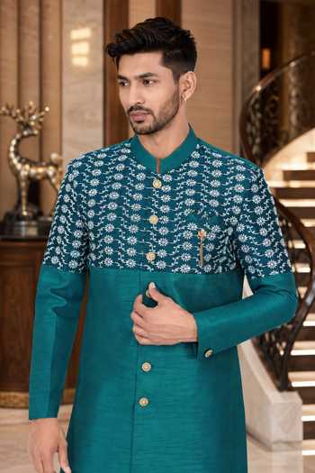 Buy Jhambthreads White Cotton, Silk Embroidered Sherwani And Pant Set Online at Aza Fashions Buy_Jhambthreads_White Cotton, Silk Embroidered Sherwani And Pant Set _Online_at_Aza_Fashions