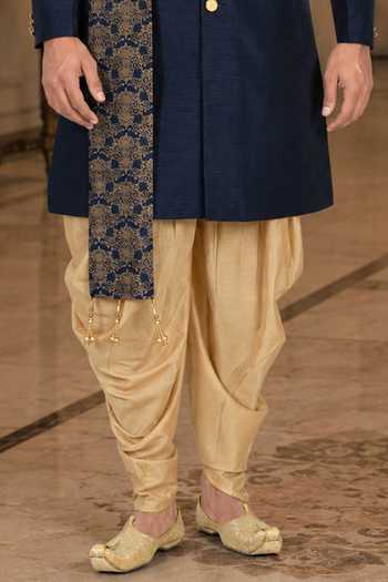 Jhambthreads_Blue Cotton, Silk Draped Sherwani And Peshawari Pant Set _Online_at_Aza_Fashions