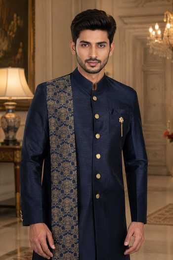 Buy_Jhambthreads_Blue Cotton, Silk Draped Sherwani And Peshawari Pant Set _Online_at_Aza_Fashions