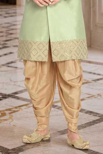 Jhambthreads Green Silk, Cotton Sherwani Jacket And Peshawari Pant Set Online at Aza Fashions Jhambthreads_Green Silk, Cotton Sherwani Jacket And Peshawari Pant Set _Online_at_Aza_Fashions