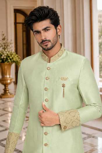 Buy Jhambthreads Green Silk, Cotton Sherwani Jacket And Peshawari Pant Set Online at Aza Fashions Buy_Jhambthreads_Green Silk, Cotton Sherwani Jacket And Peshawari Pant Set _Online_at_Aza_Fashions