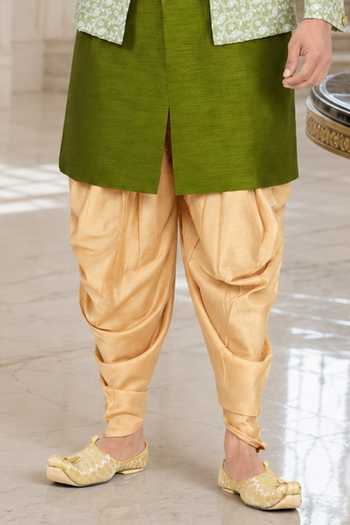 Jhambthreads_Green Silk, Jacquard, Cotton Embroidered Sherwani Jacket Set _Online_at_Aza_Fashions