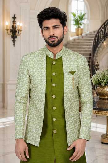 Buy_Jhambthreads_Green Silk, Jacquard, Cotton Embroidered Sherwani Jacket Set _Online_at_Aza_Fashions