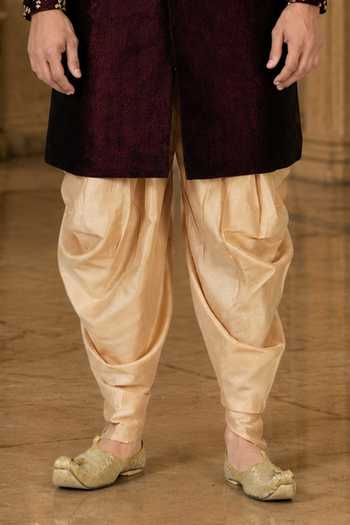 Jhambthreads_Maroon Velvet, Cotton Sherwani Jacket And Peshawari Pant Set _Online_at_Aza_Fashions