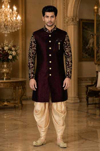 Jhambthreads Velvet Sherwani Jacket & Peshawari Pant Set 