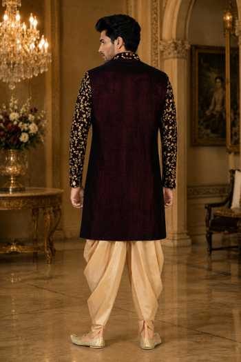 Jhambthreads Velvet Sherwani Jacket & Peshawari Pant Set 