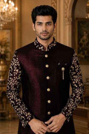 Buy_Jhambthreads_Maroon Velvet, Cotton Sherwani Jacket And Peshawari Pant Set _Online_at_Aza_Fashions