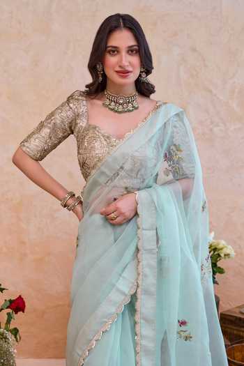 Taro Blue Silk, Organza Scoop Neck Nigar Embroidered Saree With Blouse Online at Aza Fashions Taro_Blue Silk, Organza Scoop Neck Nigar Embroidered Saree With Blouse _Online_at_Aza_Fashions