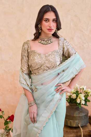 Buy Taro Blue Silk, Organza Scoop Neck Nigar Embroidered Saree With Blouse Online at Aza Fashions Buy_Taro_Blue Silk, Organza Scoop Neck Nigar Embroidered Saree With Blouse _Online_at_Aza_Fashions