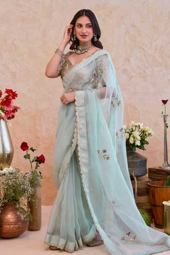 Shop Taro Blue Silk, Organza Scoop Neck Nigar Embroidered Saree With Blouse Online at Aza Fashions Shop_Taro_Blue Silk, Organza Scoop Neck Nigar Embroidered Saree With Blouse _Online_at_Aza_Fashions
