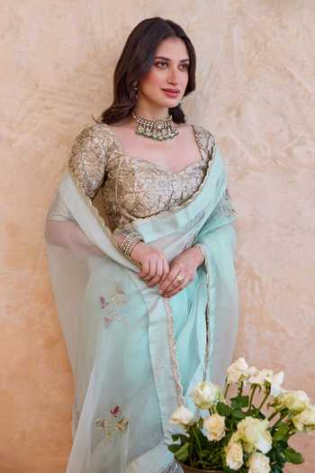 Taro Blue Silk, Organza Scoop Neck Nigar Embroidered Saree With Blouse at Aza Fashions Taro_Blue Silk, Organza Scoop Neck Nigar Embroidered Saree With Blouse _at_Aza_Fashions