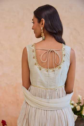 Taro Grey Silk, Georgette Scoop Neck Haya Tiered Sharara Set Online at Aza Fashions Taro_Grey Silk, Georgette Scoop Neck Haya Tiered Sharara Set _Online_at_Aza_Fashions