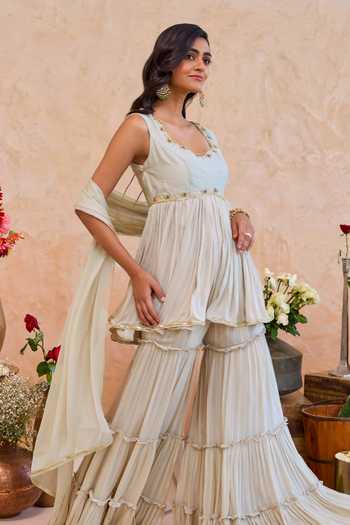 Buy Taro Grey Silk, Georgette Scoop Neck Haya Tiered Sharara Set Online at Aza Fashions Buy_Taro_Grey Silk, Georgette Scoop Neck Haya Tiered Sharara Set _Online_at_Aza_Fashions