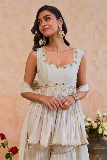 Shop Taro Grey Silk, Georgette Scoop Neck Haya Tiered Sharara Set Online at Aza Fashions Shop_Taro_Grey Silk, Georgette Scoop Neck Haya Tiered Sharara Set _Online_at_Aza_Fashions