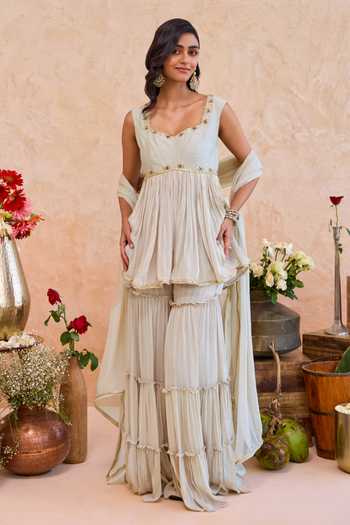 Taro Grey Silk, Georgette Scoop Neck Haya Tiered Sharara Set at Aza Fashions Taro_Grey Silk, Georgette Scoop Neck Haya Tiered Sharara Set _at_Aza_Fashions
