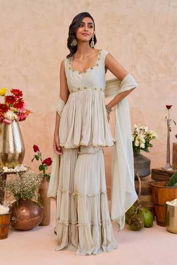 Buy Taro Grey Silk, Georgette Scoop Neck Haya Tiered Sharara Set Buy_Taro_Grey Silk, Georgette Scoop Neck Haya Tiered Sharara Set